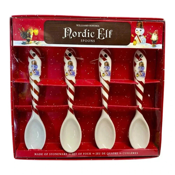 Williams Sonoma Nordic Elf Snowman Christmas Spoons Set of 4 Stoneware Holiday - Picture 1 of 5